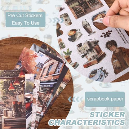 Scrapbooking Stickers - 500 Pre-Cut Washi Stickers & 20 Scrapbook Papers Coffee and People Sticker Books for journaling Scrapbooking Supplies - color: Coffee