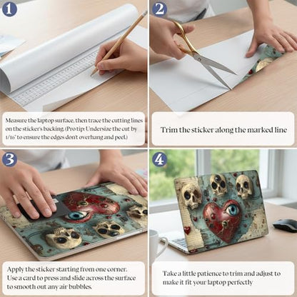 Universal Laptop Skin Sticker Decal,15.6 Inch Laptop Vinyl Cover for 13" 14" 15.6" Laptop,Scratch-Resistant Waterproof Protector Wrap,Reusable with Wrist Pads,Heart with Eye and Skulls - color: Heart with Eye and Skulls