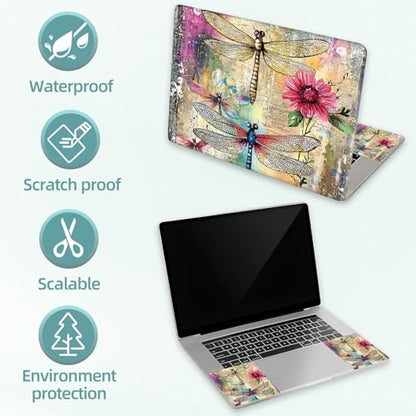 Universal Laptop Skin Decal, 3-Piece Vinyl Protector for 12 13 14 15.6" Notebook, Waterproof Anti-Scratch, Easy Trim & Bubble-Free Finish, Dragonflies and Flowers - color: Dragonflies and Flowers