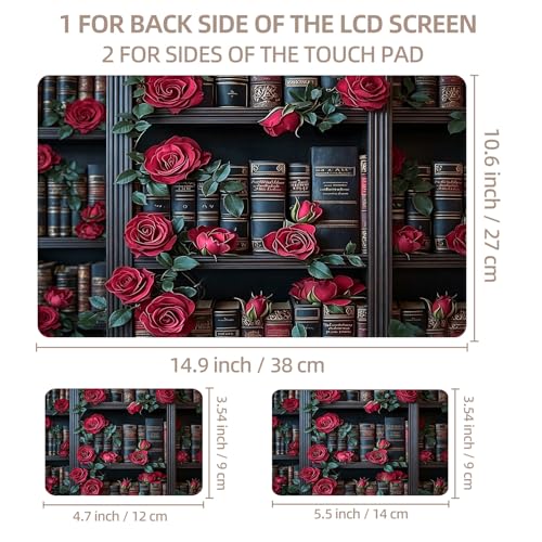 Universal Laptop Skin Sticker for 12/13/14/15.6 Inch Laptops, Reusable Vinyl Laptop Decal Cover, Waterproof Scratch Resistant Notebook Skin with 2 Wrist Pads,Red Roses Bookcase - color: Red Roses Bookcase