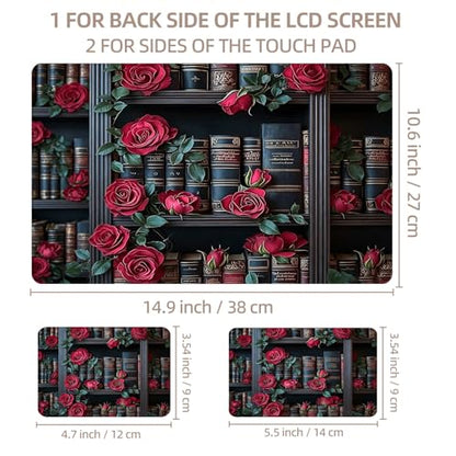 Universal Laptop Skin Sticker for 12/13/14/15.6 Inch Laptops, Reusable Vinyl Laptop Decal Cover, Waterproof Scratch Resistant Notebook Skin with 2 Wrist Pads,Red Roses Bookcase - color: Red Roses Bookcase