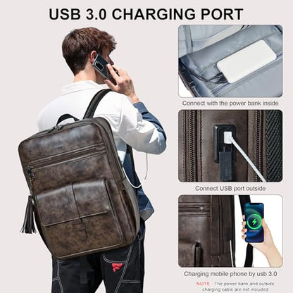 16 inch Vegan Leather Laptop Backpack with USB Charger | Smart Computer Backpack For Men and Women,Back Pocket Convert Luggage Sleeve,20L Large Capacity,Business Work Office College - color: Two-toned Coffee
