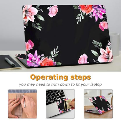Universal Laptop Skin Sticker with 2 Wrist Pad Decals, 3-Piece Removable Vinyl Laptop Cover, Purple Red Flowers Waterproof Anti-Scratch, Easy-Trim Fit for 13.3" 14" 15.6" Laptops - color: Purple Red Flowers