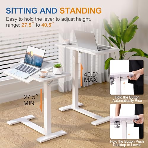 Adjustable Overbed Bedside Table with Hidden Wheels, Pneumatic Tilt Board Rolling Laptop Standing Desk Cart, Mobile Over Bed Sofa Chair Side End Tables, Walnut (White) - color: White