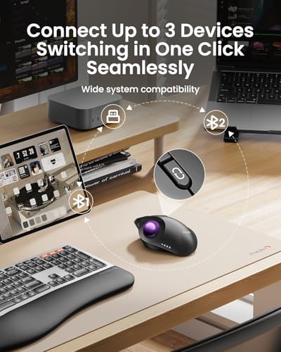 ProtoArc EM02 Wireless Trackball Mouse, Ergonomic Thumb Ball, Purple | 0/15° Adjustable Angle for Different Wrist Positions, Connect 3 Devices Via Bluetooth/2.4G USB-A, Rechargeable Battery - color: Purple