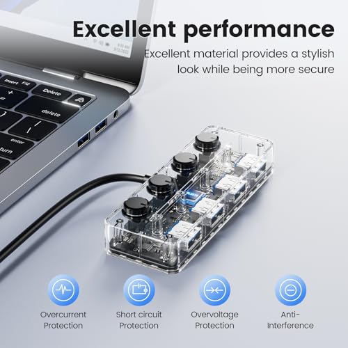 Qeefun 4-Port USB 3.2 Hub, Individual LED Power Switches, 10Gbps Data Transfer USB 3.2 Gen 2 Splitter with 4ft Extension Cable, Multiple USB Extender for Laptop, PC, iMac, USB Flash Drives and More - style: A to 4A 3.2