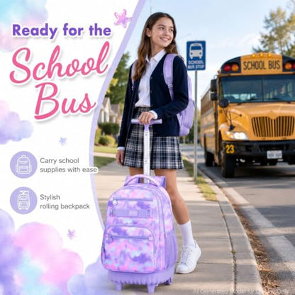 3Pcs Rolling Backpack for Girls, 19 Inche Women Roller Bag with Wheels for Adults, Wheeled Bookbag with Lunch Box(Purple) - color: Tie-dye Purple