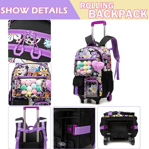 Meetbelify Backpack with Wheels for Girls Rolling Backpack Cute Carry on Backpack with Lunch Box for Elementary Student Teen Kids Luggage Travel Suitcase Girls 8-10 Black - color: Black Flower