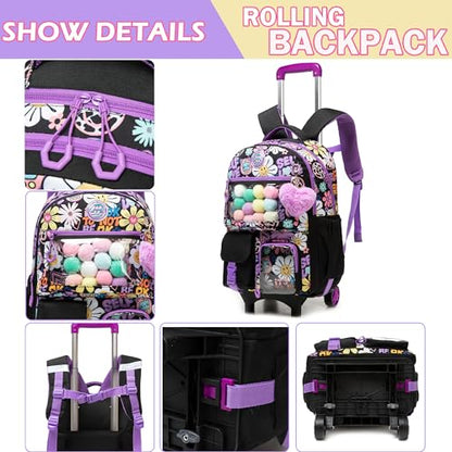 Meetbelify Backpack with Wheels for Girls Rolling Backpack Cute Carry on Backpack with Lunch Box for Elementary Student Teen Kids Luggage Travel Suitcase Girls 8-10 Black - color: Black Flower