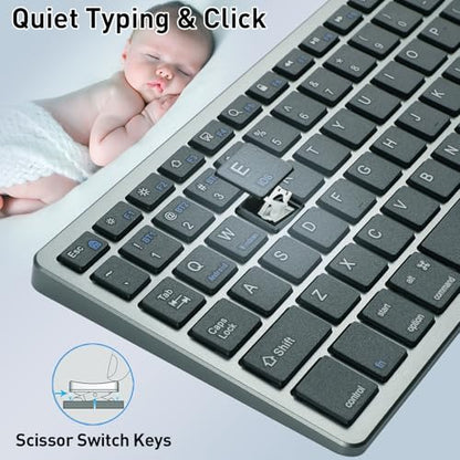 Wireless Keyboard,Bluetooth and 2.4G USB Wireless Keyboard,Rechargeable Slim Quiet Typing Keyboard for Mac/Windows -Space Grey