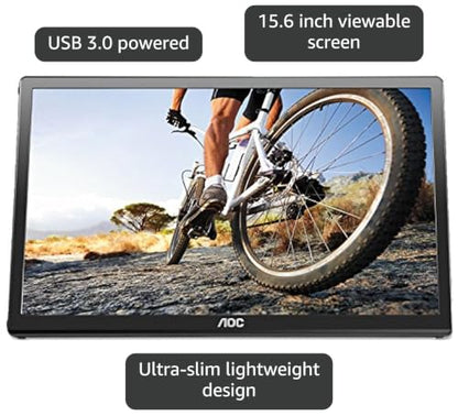 AOC e1659Fwu 15.6-Inch Ultra Slim 1366x768 Res 200 cd/m2 Brightness USB 3.0-Powered Portable LED Monitor w/ Case Black