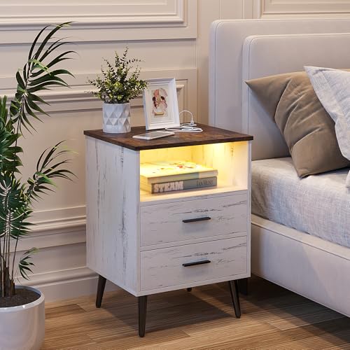 Lareth Farmhouse LED Nightstand with Charging Station, Antique White | 17.7" W x 15.7" D Wooden Night Stand, 2 Drawers, Smart Bedside Table, For Dorm, Apartment, Small Space - color: Antique White