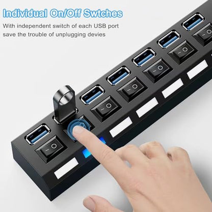 USB Hub 3.0, VIENON 7-Port USB Extender Splitter with Individual LED ON/Off Switches, USB3.0 Hub for Laptop, PC, MacBook, Mac Pro, Mac mini, iMac, Surface Pro and More USB Devices-2FT