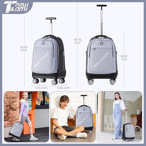 NEW TILAMI 19 Inch Rolling Backpack for School Travel with 4 Spinner Wheels | 360°rotating Universal Wheel, Large Organizer Compartments, Adjustable Handle, Carry on for School Students Business Travel - color: Soft Grey