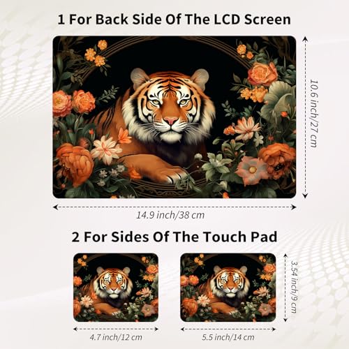15.6 Inch Laptop Skin Sticker, Reusable Vinyl Cover Protector with 2 Wrist Pad Skins, Removable Waterproof Scratch-Resistant for 12-15.6 Inch Laptop Notebook,Tiger and Flowers - color: Tiger and Flowers