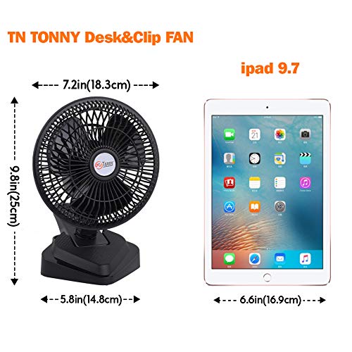 TN TONNY Convertible 6-Inch Desk & Clip on Fan, Two Quiet Speeds, Household Table Clip on Fans AC Personal Desktop Fans with 6 Feet Cord, Ideal for the Home, Office, Dorm, Black