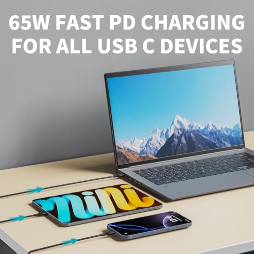 65W USB C Laptop Charger for Home Office Travel, PD Adapter with Foldable Plug & Lengthened Cable, Type C Fast Charger Compatible with MacBook, Dell XPS, Lenovo ThinkPad, HP, Huawei MateBook and More