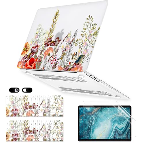 Case for MacBook Air 13 inch M1 A2337 A2179 A1932 2022-2018 Release with Touch ID Retina Display, 6 in 1 Matte Clear Hard Cover&Keyboard Cover&Screen Protector&Webcam Cover, Field Flowers - color: Z Red Yellow