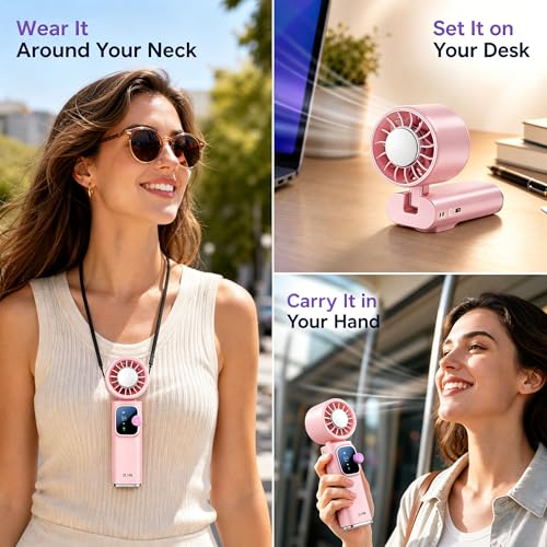 Portable Handheld Fan with Ice Cooling, Personal Rechargeable Fan 20000RPM,199-Speed Mini Neck Fan with 4000mAh Battery Powered up to 15hrs with LED Display for Travel, Camping & Outdoor, Pink - color: Pink