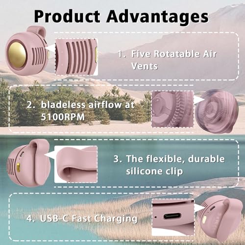 Portable Clip-On Fan, Mini USB Rechargeable 360° Rotatable Fan, Personal Fan 3-Speed Silent Mini Bladeless Fans (1 pack（Pink）) - color: 1 pack（Pink）