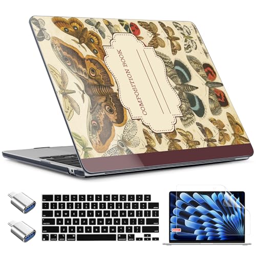 TWOLSKOO for MacBook Air 15 inch Case 2026 2025 2024 2023 Release M5 A3448 M4 A3241 M3 A3114 M2 A2941, Plastic Hard Shell & Screen Protector & Keyboard Cover & Type C Adapter, Butterfly Book - color: Butterfly Book