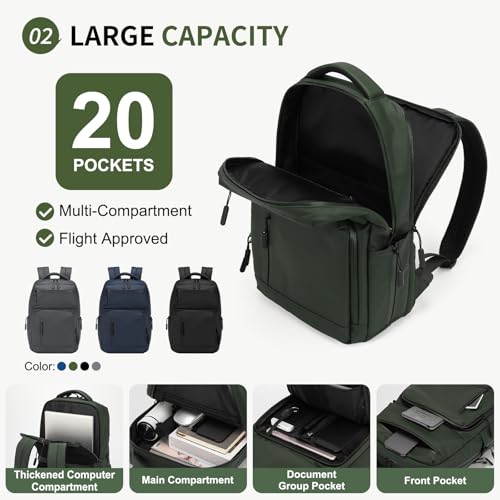 Waterproof Laptop Backpack for Men & Women, Flight Approved Anti-Theft Daypack with 15.6-inch Laptop Sleeve (Green) - color: Green