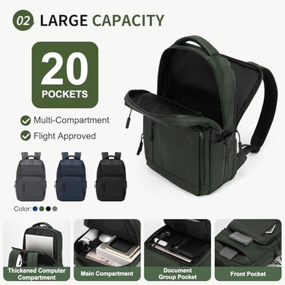Waterproof Laptop Backpack for Men & Women, Flight Approved Anti-Theft Daypack with 15.6-inch Laptop Sleeve (Green) - color: Green