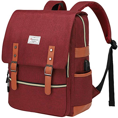 Modoker Vintage Laptop Backpack with USB Charging Port, Backpack Book Bag for Ladies, Tear Resistant Travel Rucksack Daypack Fits 15.6 Inch Computer in Red - color: Red
