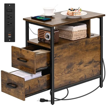 Side Tables with Charging Station, Narrow End Table with 2 Wooden Drawers, USB Ports and Power Outlets, Narrow Nightstand and Bedside Table, Side Tables Living Room, Bedroom, Brown - color: Brown