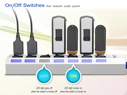 MaxLLTo 7 Port USB SuperSpeed 3.0 Hub On/Off Switches + AC Power Adapter Cable for PC Laptop -Black