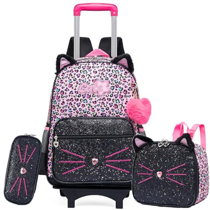 Rolling Backpack for Girls,Lightweight Backpack with Wheels for Kids 8-12,Wheeled School Backpack with Removable Trolley - color: Black Pink Cat