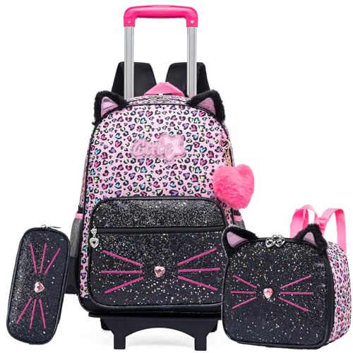 Rolling Backpack for Girls,Lightweight Backpack with Wheels for Kids 8-12,Wheeled School Backpack with Removable Trolley - color: Black Pink Cat