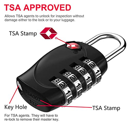 ZHEGE Suitcase Lock TSA Approved, 4 Digit Combination Luggage Lock (Black) | Resettable, for Backpack, Briefcase, Tent, Small Gym Locker Padlock - color: Black 1, size: 4 Digit Padlock
