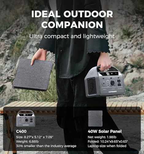 UDPOWER C400 400W Portable Power Station, 256Wh LiFePO4 (Surge 800W), AC+USB-C+12V DC, for Camping RV Emergency Backup, Lightweight - style: UD0400+40W