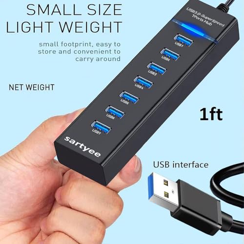 USB 3.0 SuperSpeed 7-Port Hub, High-Speed Data Transfer and Sync for Multiple Devices, Compatible with Laptop, PC, MacBook, iMac, Surface Pro, Windows/Mac/Linux, Bus-Powered, Plug and Play