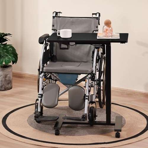 Electric Overbed Table with Wheels, Height Adjustable Bedside Sofa Recliner Side Tables, C Shaped Rolling Standing Small Laptop Desk for Home Office, Black - color: Black