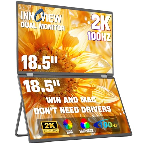 InnoView 18.5" Dual Portable Monitor 100Hz 2K 2560x1600P 100% sRGB Foldable & Stackable Design with 315° Screen Adjustment | DP/USB-C/HDMI, Second Monitor for Laptop, Mac, Windows - size: 18.5 inch