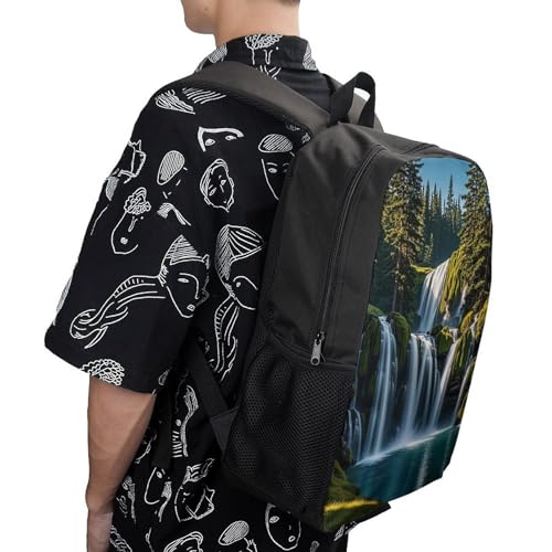 17-Inch Laptop Backpack Water-Resistant Green Pine Waterfall Daypack with Shoulder Strap Lightweight Casual Rucksack for Travel Commuter Hiking Outdoor Activities 20l Black