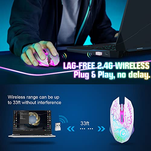 VersionTECH. Wireless Gaming Mouse, Rechargeable Computer Mouse Mice with Colorful LED Lights, Silent Click, 2.4G USB Nano Receiver, 3 Level DPI for PC Gamer Laptop Desktop Chromebook Mac-White - color: White