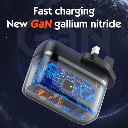 GaN 65W USB C Charger 3 Port Fast Charging Block Travel Charger Wall Charger Universal Travel Adapter EU UK Plug Adapter for MacBook iPad Pro/Air iPhone 15 16 Samsung S24 Laptop Steam Deck