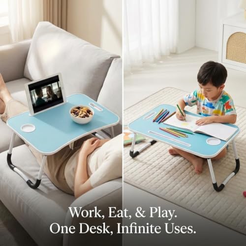BUYIFY 23" Foldable Lap Desk for Laptop Writing w/Cup Holder Blue | Sturdy and Durable, Laptop Bed Desk with Tablet Slot, No Assembly, Space Saving for Bed Couch Dorm WFH Students - color: Blue