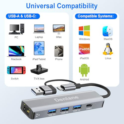 USB C USB 3.0 to Ethernet Adapter, 5 in 2 Gigabit USB Ethernet Hub for Laptop with 4-Port USB-A 3.0 and USBC, 1000Mbps RJ45 LAN Network Adapter Compatible with MacBook/iPad Pro/Phone/Tablet - size: 1000 Mbps