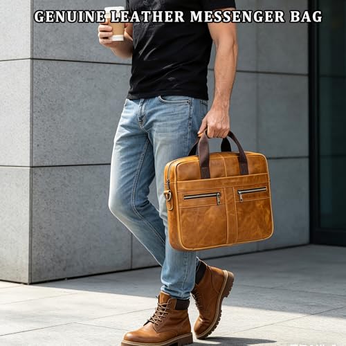 Leather Laptop Bag for Men Briefcase Fits 15.6 Inch Notebook Portable Shoulder Messenger Crossbody Bag for Travel Office - color: 16yellow Brown