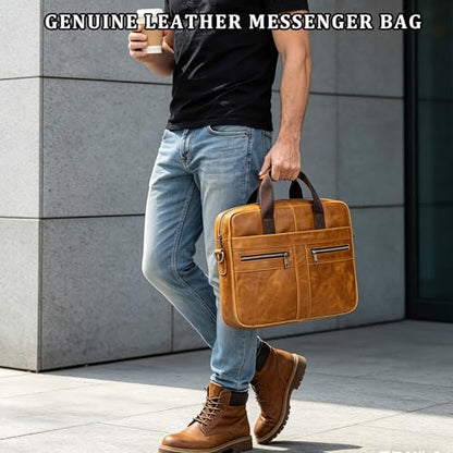 Leather Laptop Bag for Men Briefcase Fits 15.6 Inch Notebook Portable Shoulder Messenger Crossbody Bag for Travel Office - color: 16yellow Brown