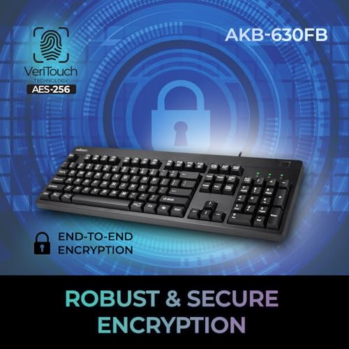 Adesso Fingerprint Keyboard, Full Size, AKB-630FB-TAA | TAA Compliant, AES 256 Encryption, USB Wired, 104 Key Layout, Windows Hello Compatible, Made in Taiwan, Government, Business