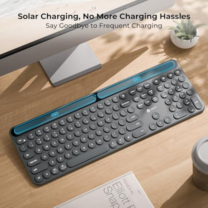 iClever Solar Bluetooth Keyboard, Wireless Keyboard with Solar & Indoor Light Charging, Full Size Keyboard with Numeric Keypad, Multi-Device Bluetooth Keyboard for Mac, Windows, Laptop, PC