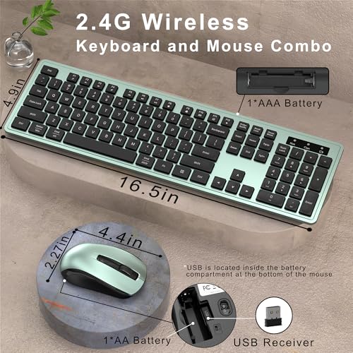 MPTOG Wireless Keyboard and Mouse Combo, Full-Size 104-Key Office Keyboard with 15 Function Keys, Numeric Keypad, Single USB Receiver, Compatible with PC and Laptop(Green) - color: Green