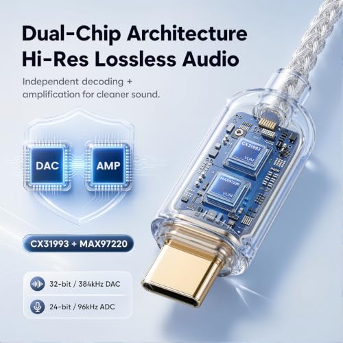 VUM USB-C to 3.5mm Headphone Jack Hi-Res DAC & AMP Dual Chip Audio Adapter | 32-bit/384kHz DAC,5N OCC Silver Plated Cable,24K Gold-Plated Connector,CX31993 & MAX97220 Chipset,TRRS HD Mic Input Supported