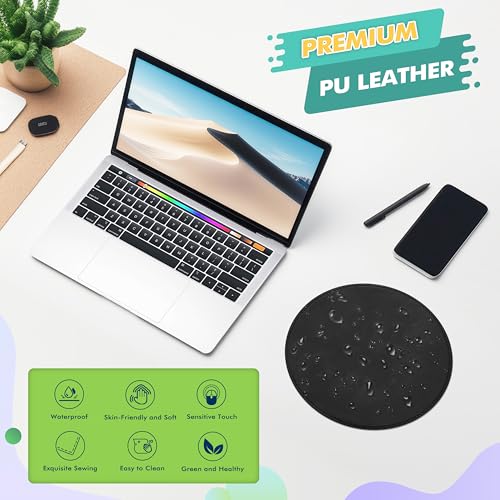 Mouse Pad，Round Mouse Pad，PU Mouse Pad，Leather Mouse Pad with Stitched Edge Micro-Fiber Base with Non-Slip Waterproof，Mouse Pad for Computers，Laptop，9 x 9 Inch (Black) - color: Black, size: 9L x 9W inches