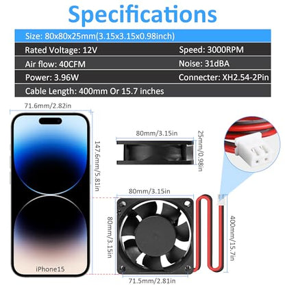 80x25mm12V DC High-Performance 2-Pin XH2.54 Electronics Cooling Fan 2-Pack | 3.15inch 2-Pin XH2.54 Long Life Sleeve Bearing Fan for Desktop PC PSU Incubator Electronics Equipment - size: 80x25mm